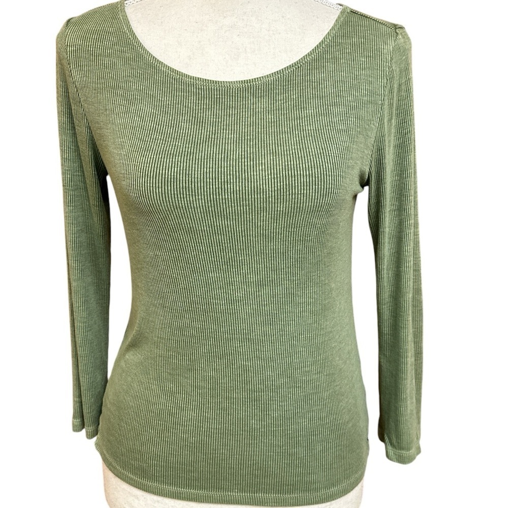 Soft & Sexy Green Ribbed Viscose Rounded Neck Longsleeved Tee Layering Med